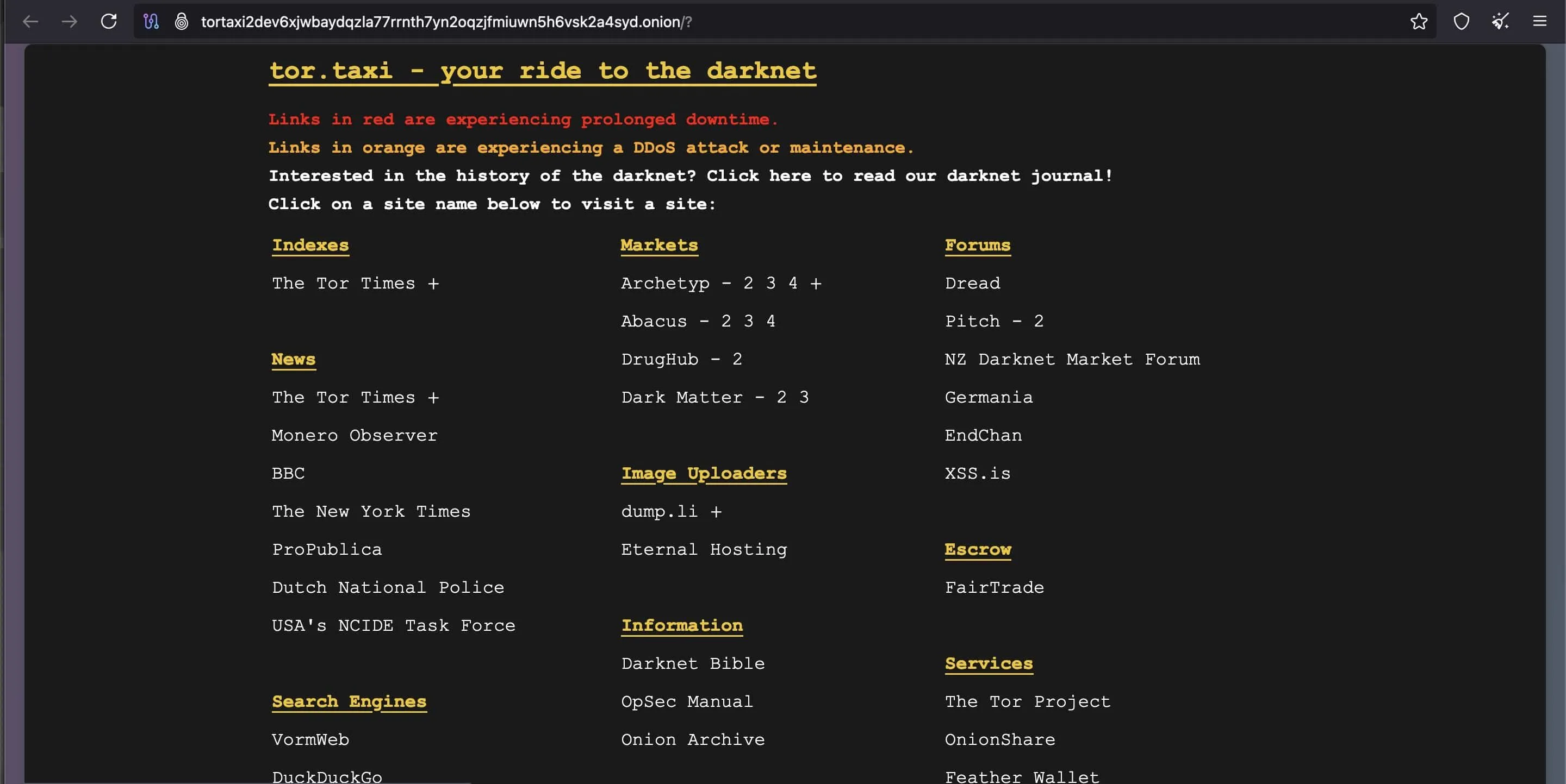 Trang web Tor.taxi trên dark web, một ví dụ về địa chỉ .onion để người dùng dễ dàng nhận diện trang chính thức.