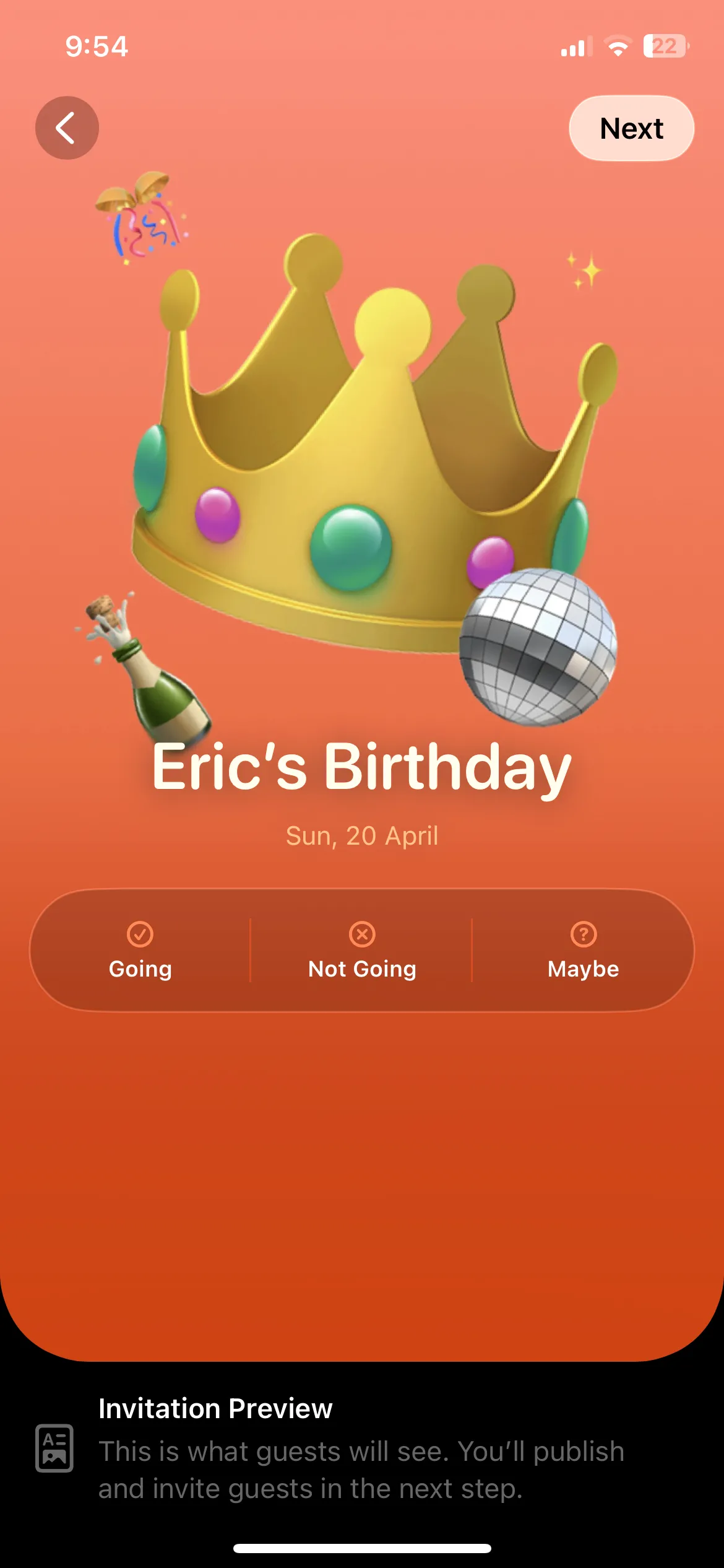 Trang xem trước lời mời trong ứng dụng Apple Invites trên iPhone, với chi tiết sự kiện và tùy chọn phản hồi.