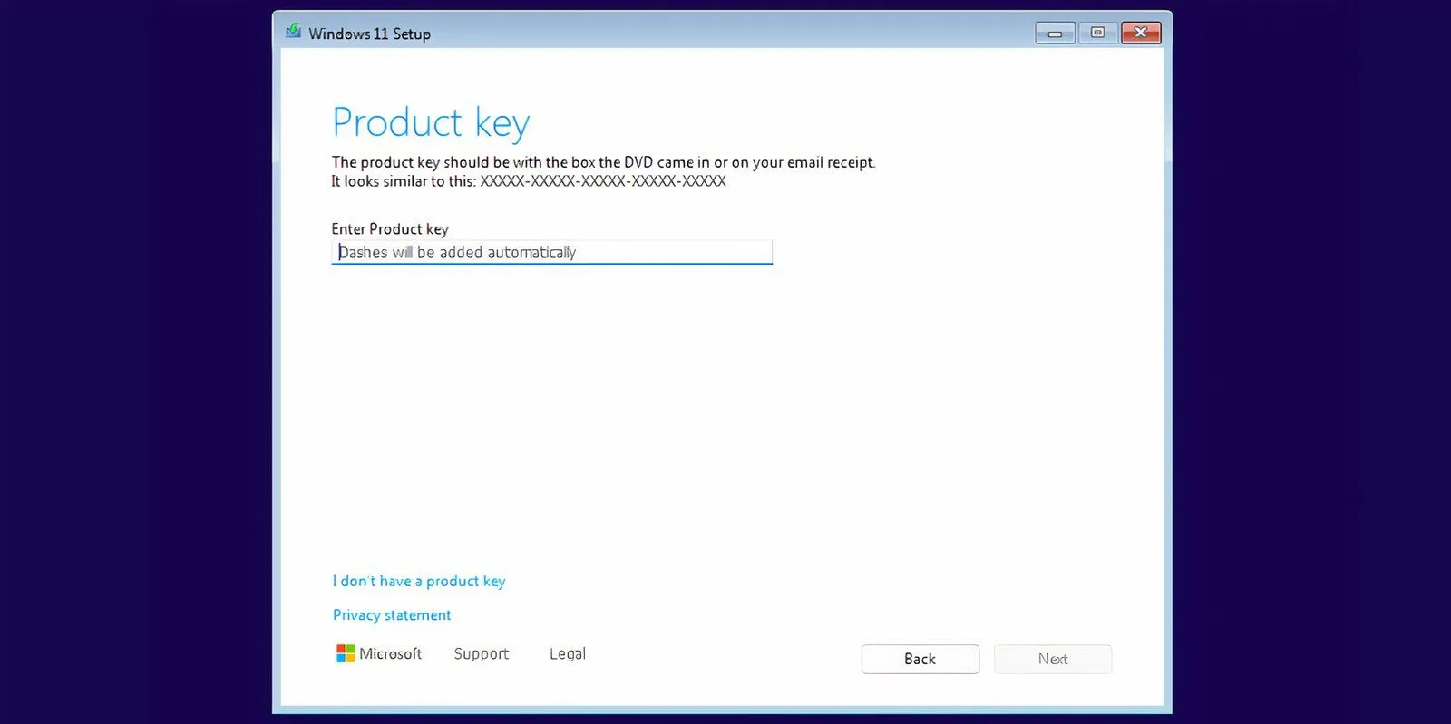 Trang yêu cầu khóa sản phẩm trong quá trình cài đặt Windows 11