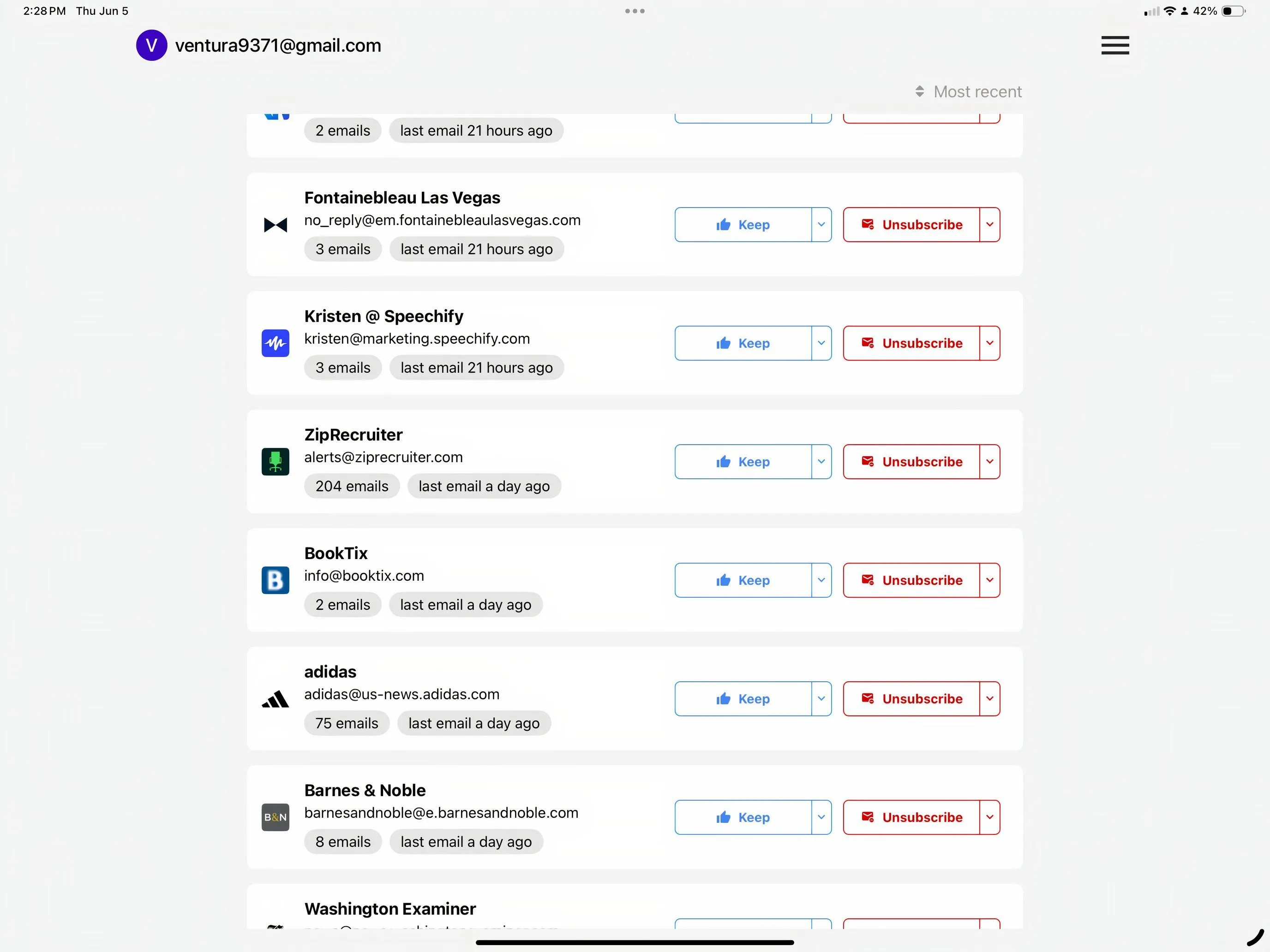 Trimbox ứng dụng quản lý email và hủy đăng ký trên iPad