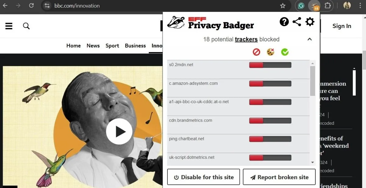 Trình duyệt Chrome hiển thị trang web BBC với tiện ích mở rộng Privacy Badger đang hoạt động