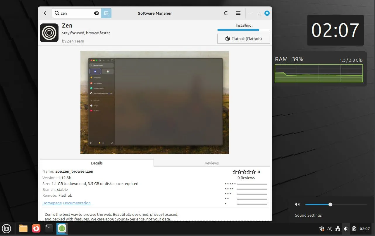 Trình quản lý phần mềm (Software Manager) đang chạy trên Linux Mint, hiển thị giao diện tìm kiếm và cài đặt ứng dụng.
