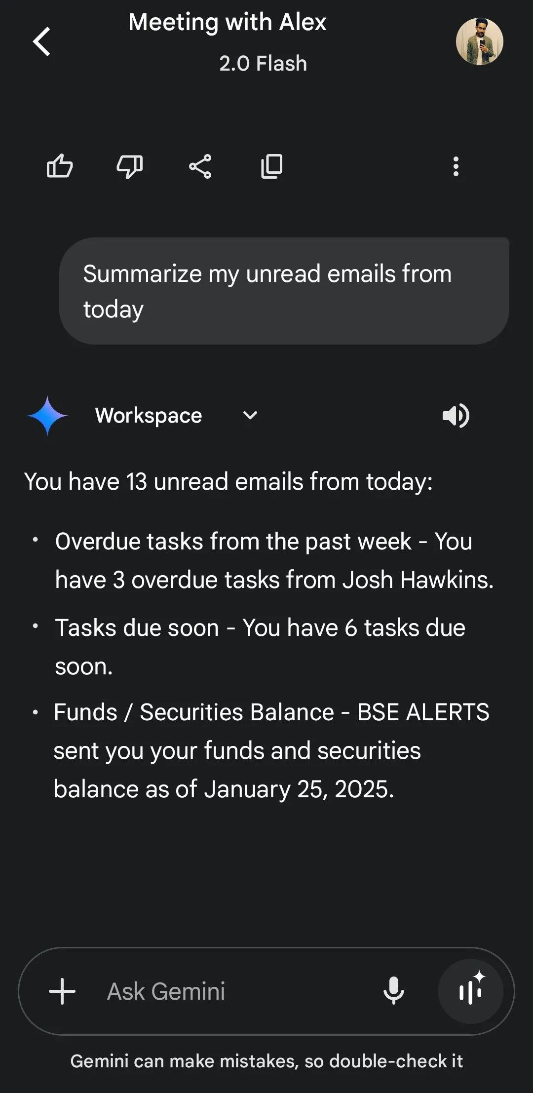 Trợ lý Gemini tóm tắt email chưa đọc từ Gmail, thể hiện khả năng tích hợp sâu.