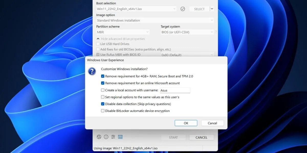 Tùy chỉnh các tùy chọn bỏ qua yêu cầu phần cứng và tài khoản Microsoft trong Rufus