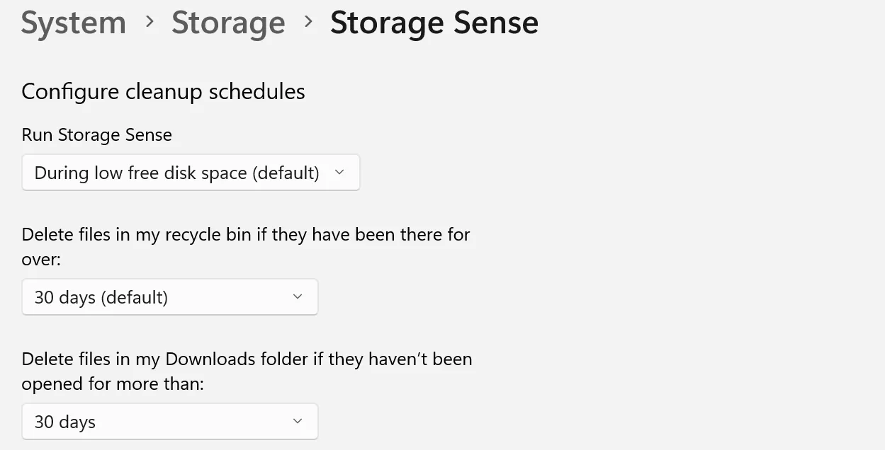 Tùy chỉnh lịch dọn dẹp tự động của Storage Sense trong Cài đặt Windows để tối ưu dung lượng ổ đĩa.