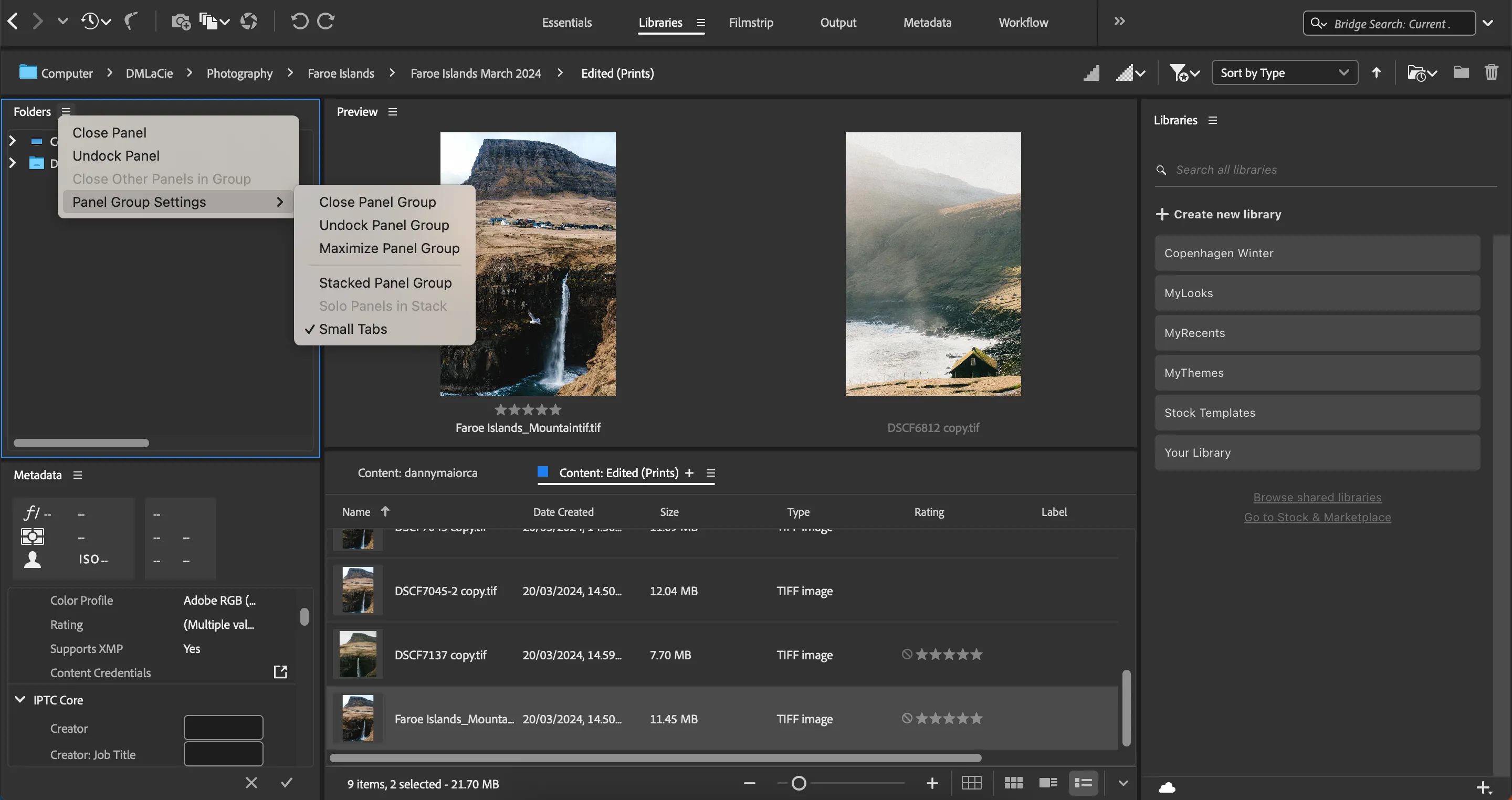 Tùy chỉnh và sắp xếp các bảng điều khiển (panels) trong giao diện Adobe Bridge giúp tối ưu không gian làm việc và hiệu quả quản lý ảnh.