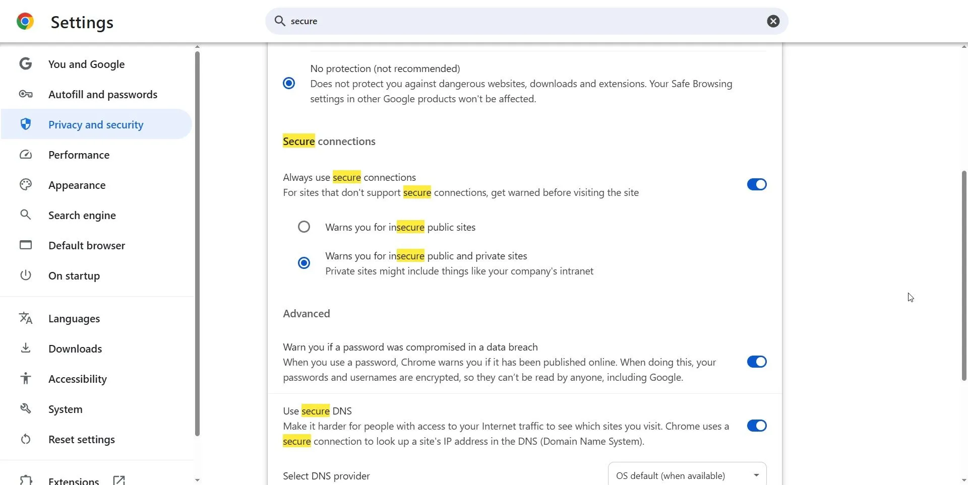 Tùy chọn 'Always use secure connections' (Luôn sử dụng kết nối bảo mật) trong cài đặt bảo mật của trình duyệt Google Chrome, giúp kích hoạt chế độ HTTPS-Only.