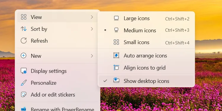 Tùy chọn ẩn hoặc hiển thị biểu tượng trên màn hình Desktop Windows để giảm xao nhãng.