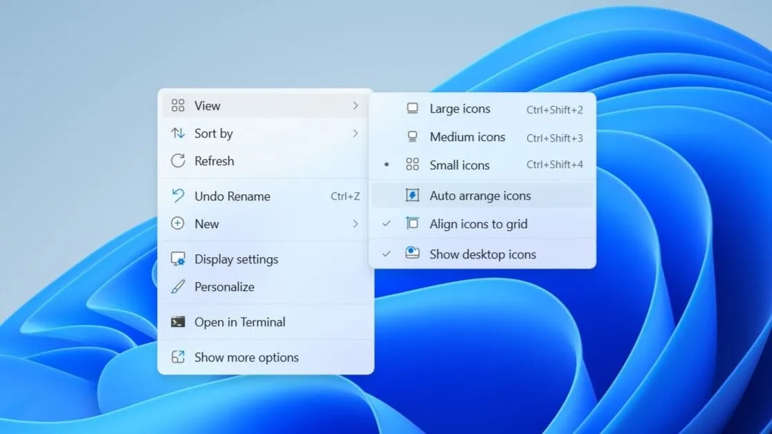 Tùy chọn &quot;Auto arrange icons&quot; trong menu ngữ cảnh của Desktop Windows