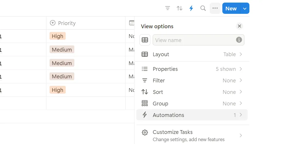 Tùy chọn Automations trong menu ba chấm của cơ sở dữ liệu Notion