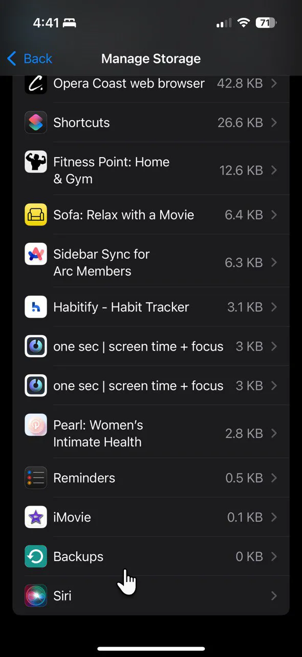Tùy chọn Bản sao lưu iCloud trong phần quản lý dung lượng iCloud trên iPhone.