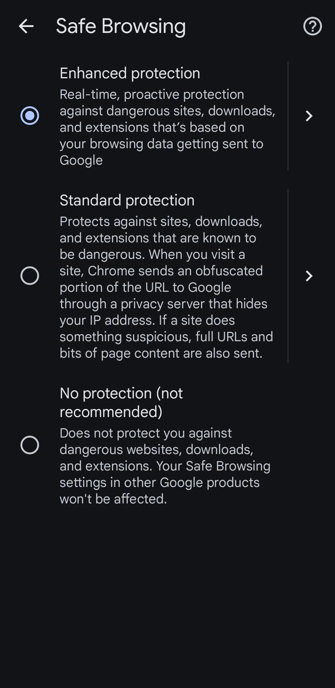 Tùy chọn Bảo vệ nâng cao của Chế độ duyệt web an toàn trong Chrome Android