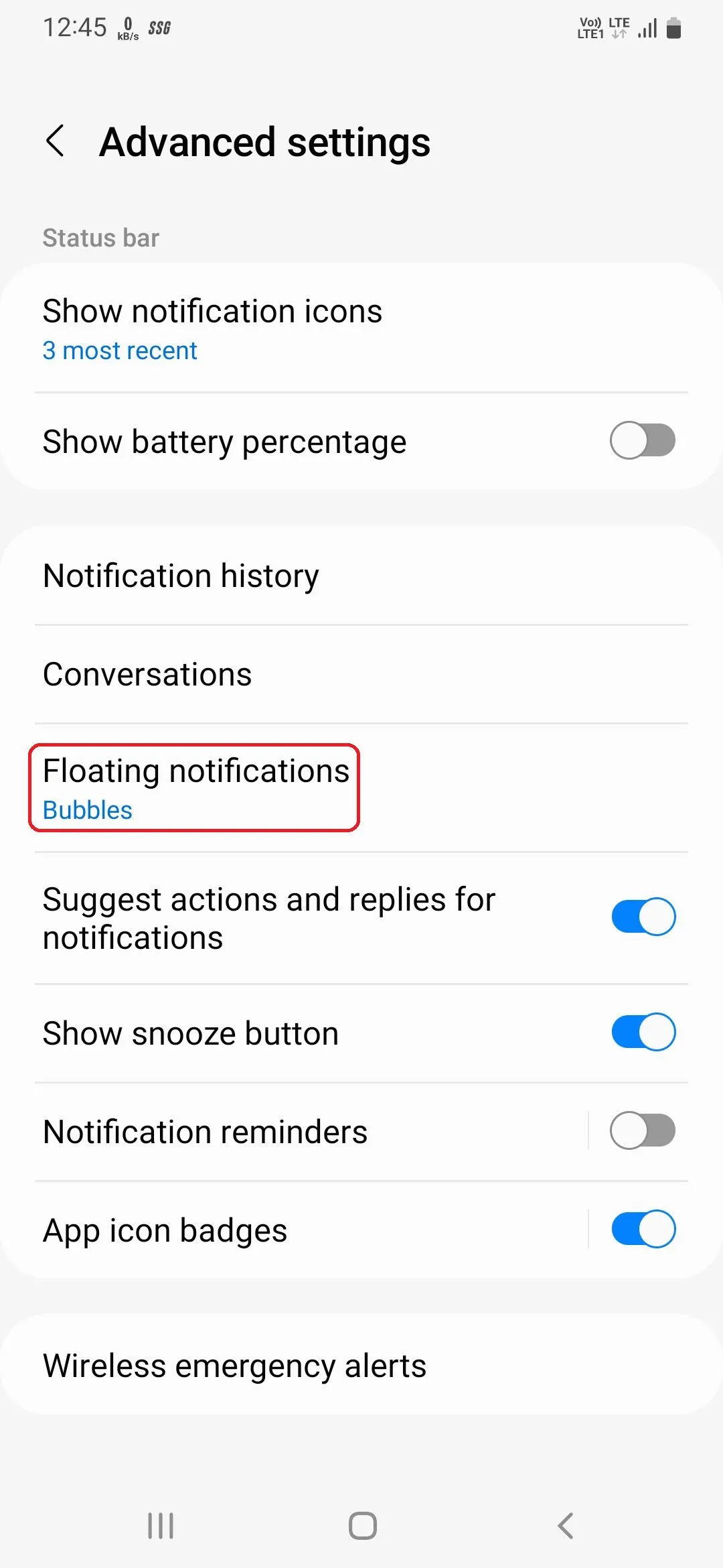 Tùy chọn bật thông báo nổi trong cài đặt nâng cao của Samsung