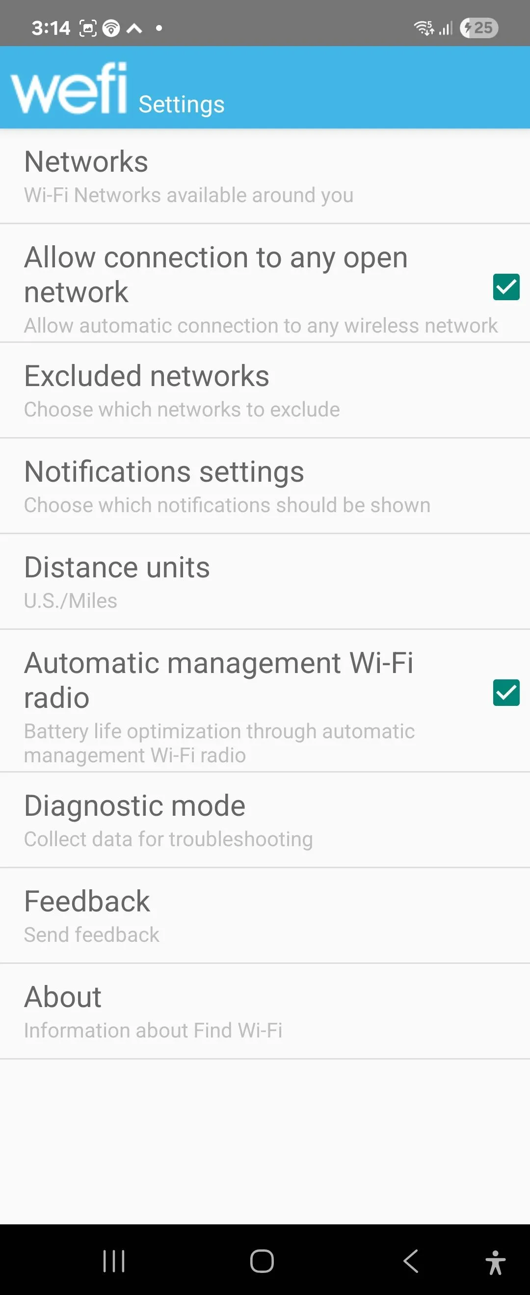 Tùy chọn cài đặt và quản lý mạng trong ứng dụng WeFi trên điện thoại Android