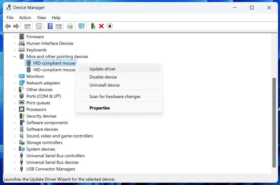 Tùy chọn cập nhật driver chuột trong cửa sổ Device Manager trên Windows