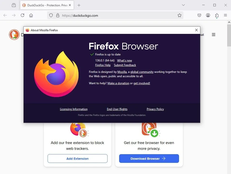 Tùy chọn cập nhật trình duyệt Mozilla Firefox trong menu Giới thiệu về Firefox