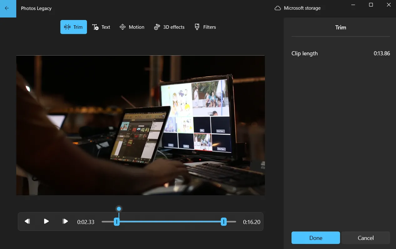 Tùy chọn cắt video (Trim) trong trình chỉnh sửa của Photos Legacy