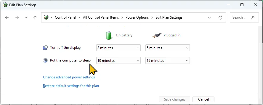 Tùy chọn 'Change advanced power settings' trong cài đặt nguồn Control Panel trên Windows 11