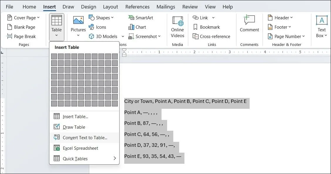 Tùy chọn Convert Text to Table trong Microsoft Word giúp chuyển đổi văn bản thành bảng.