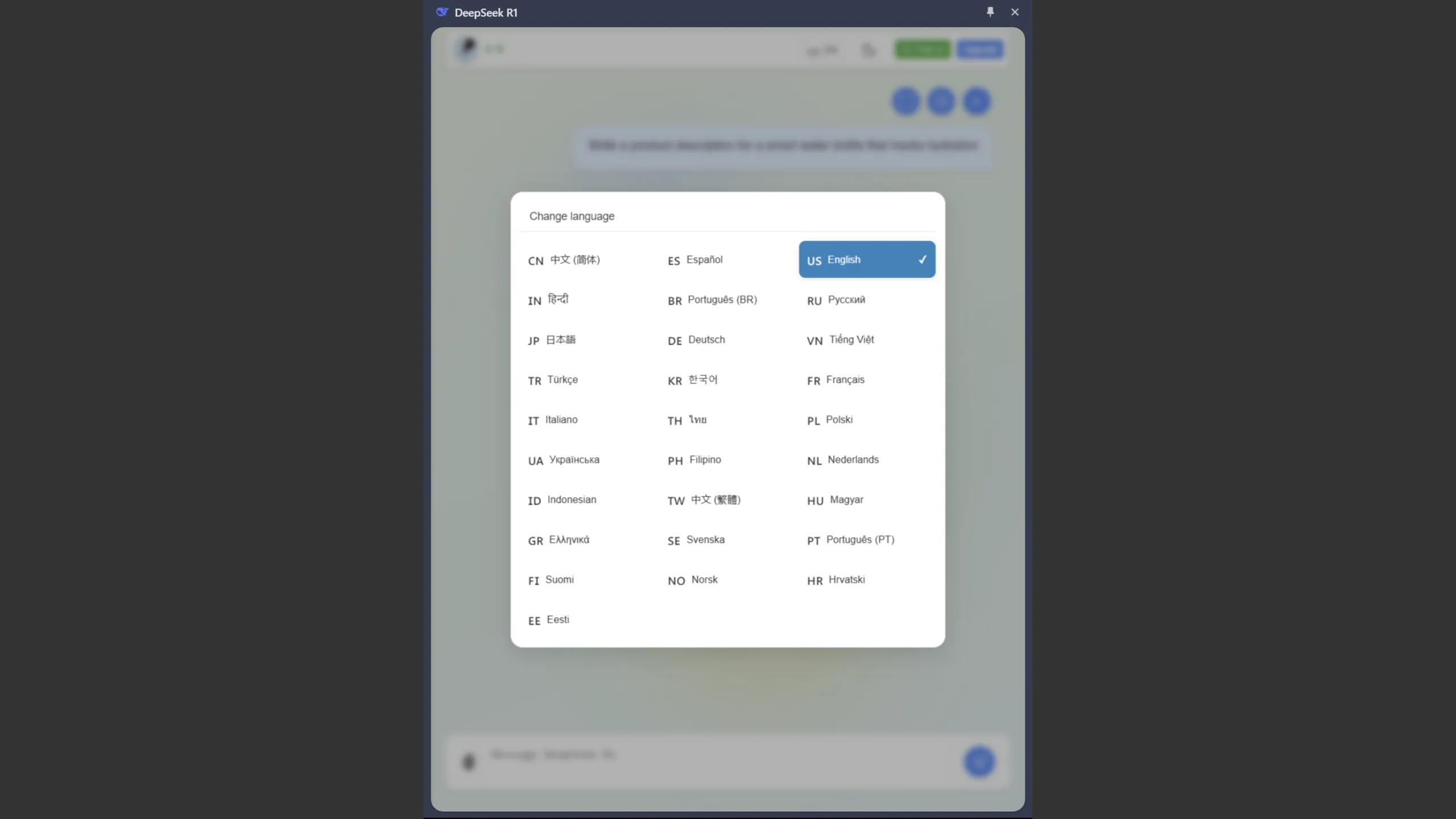 Tùy chọn đa ngôn ngữ trong tiện ích DeepSeek R1 trên Chrome