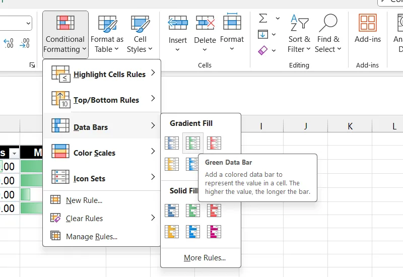 Tùy chọn Data Bars (Thanh dữ liệu) trong menu Conditional Formatting (Định dạng có điều kiện) trên Excel.