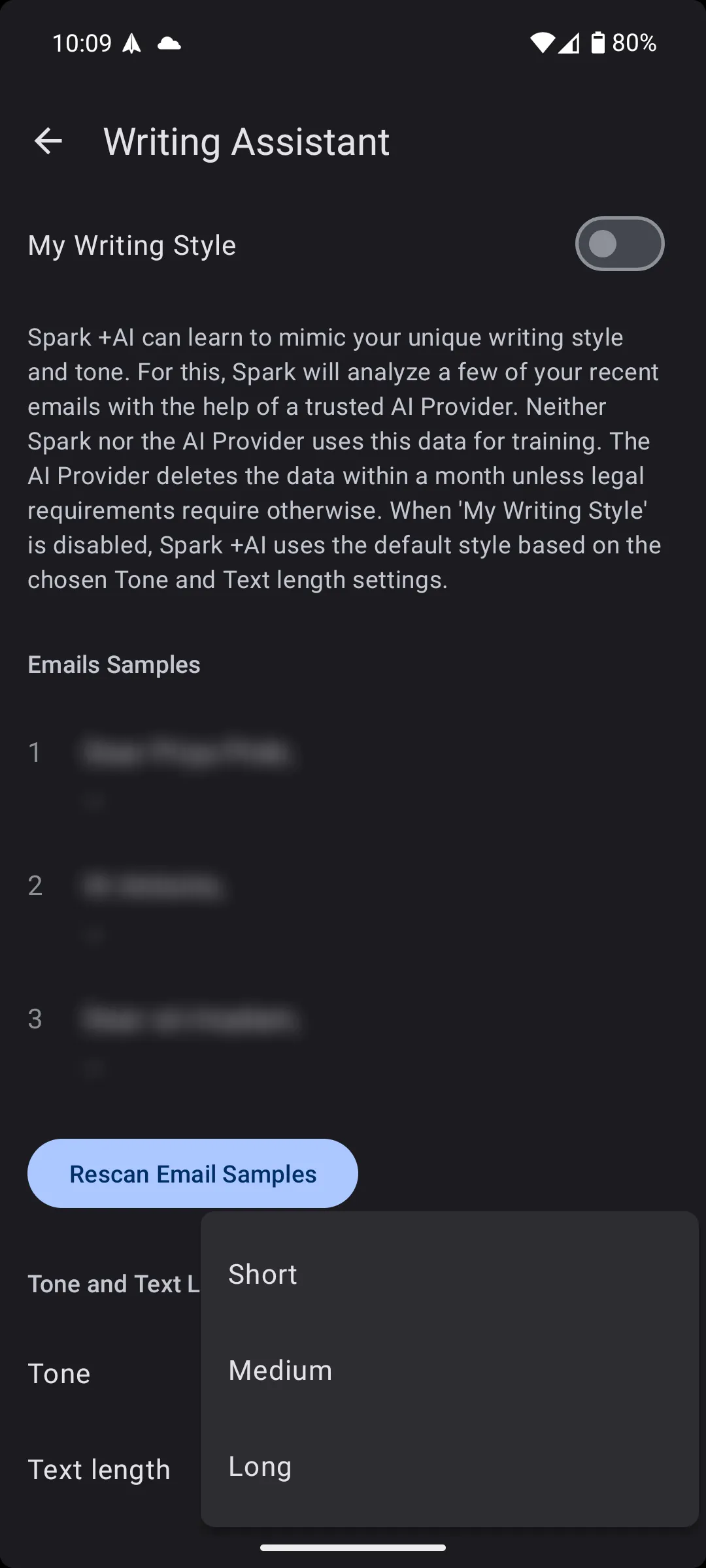 Tùy chọn độ dài văn bản của trợ lý viết +AI trong Spark Mail, từ ngắn gọn đến chi tiết, phù hợp với nhu cầu người dùng.