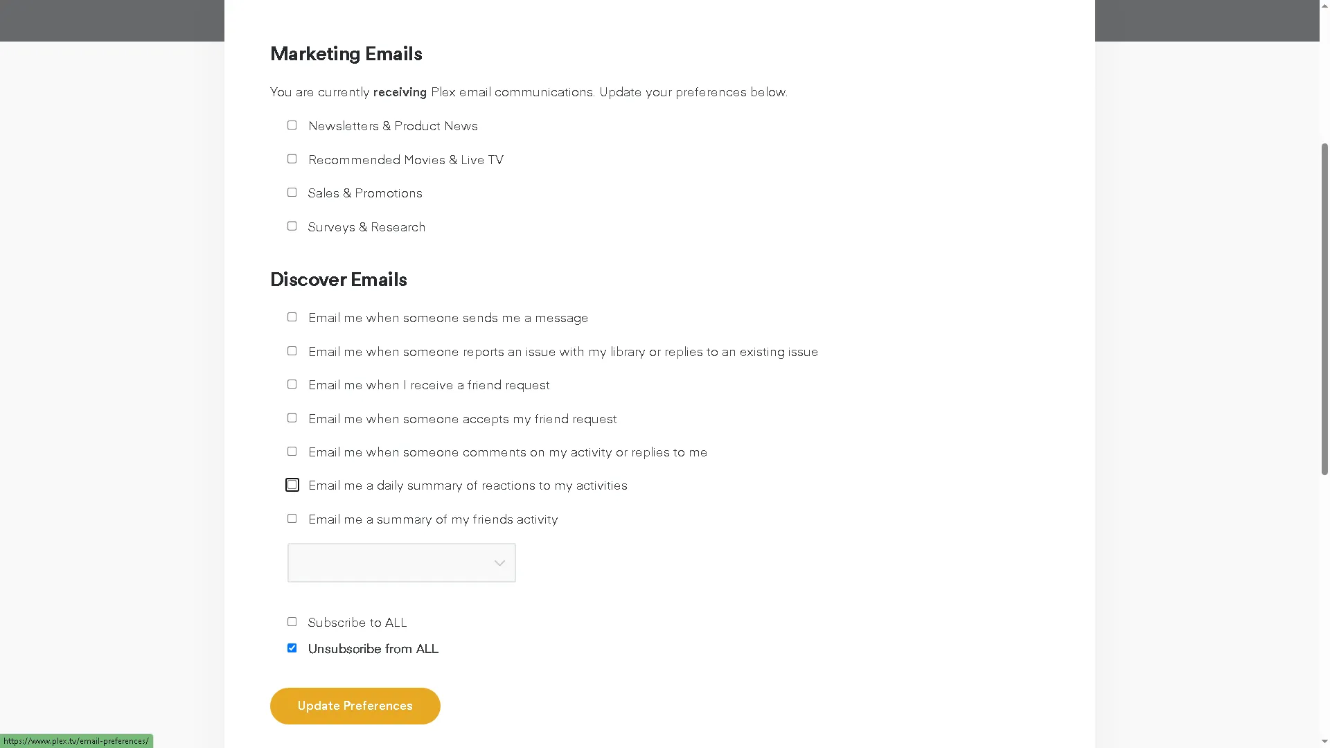 Tùy chọn email tiếp thị của Plex, giao diện quản lý ưu tiên email.