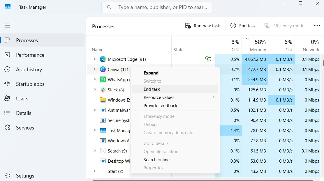 Tùy chọn &quot;End task&quot; trong Task Manager để buộc đóng ứng dụng Canva bị đơ