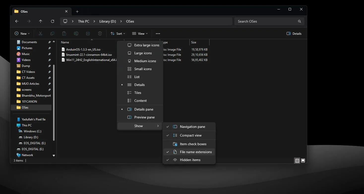 Tùy chọn &quot;File name extensions&quot; để hiển thị đuôi mở rộng tệp trong File Explorer Windows 11