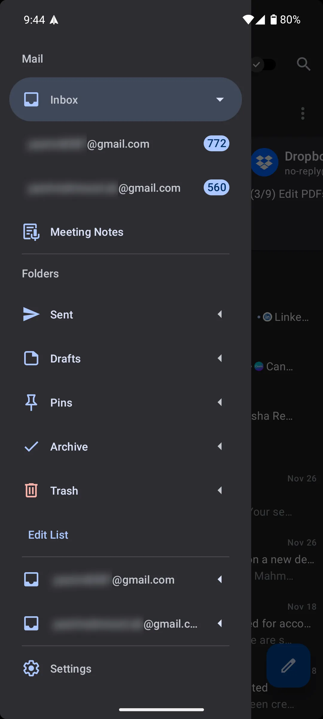 Tùy chọn Ghi chú cuộc họp của Spark Mail trong thanh bên, giúp truy cập nhanh các ghi chú đã tạo.