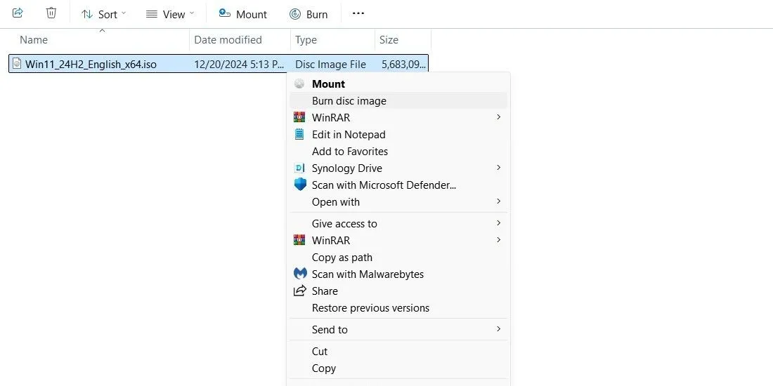Tùy chọn ghi file ISO Windows ra đĩa DVD từ menu chuột phải