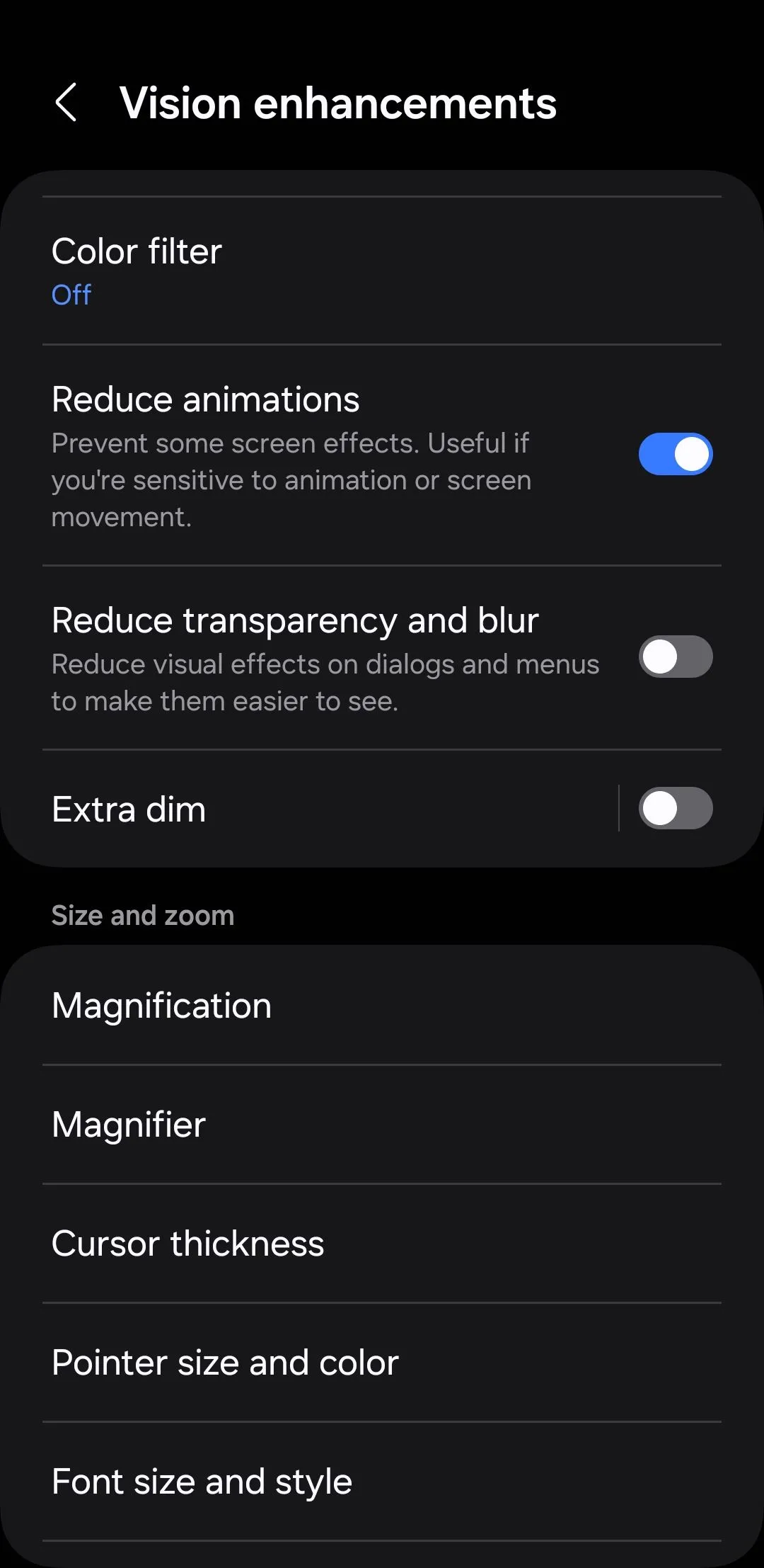 Tùy chọn giảm hiệu ứng động trong cài đặt cải thiện thị giác trên điện thoại Android.