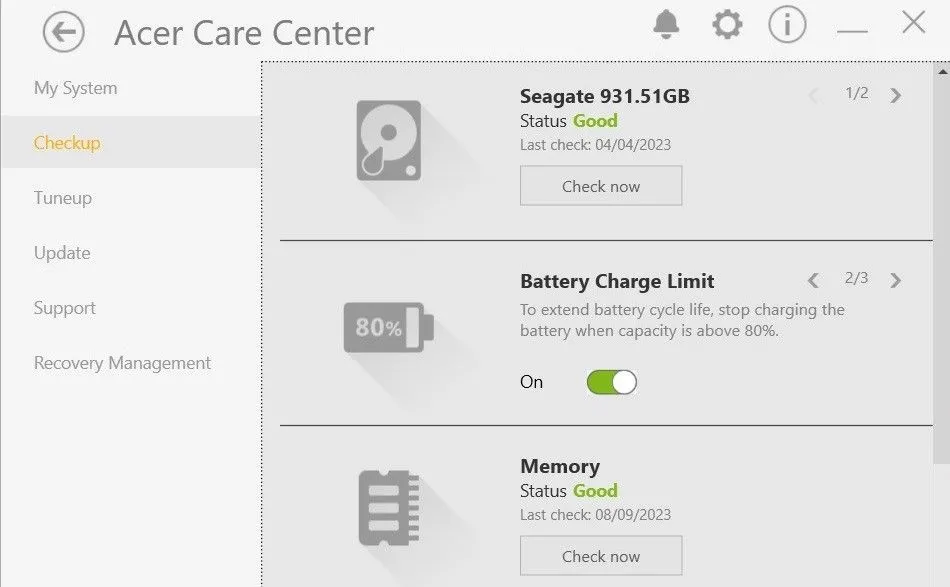 Tùy chọn Giới hạn sạc pin (Battery Charge Limit) trong ứng dụng Acer Care Center để bảo vệ tuổi thọ pin.
