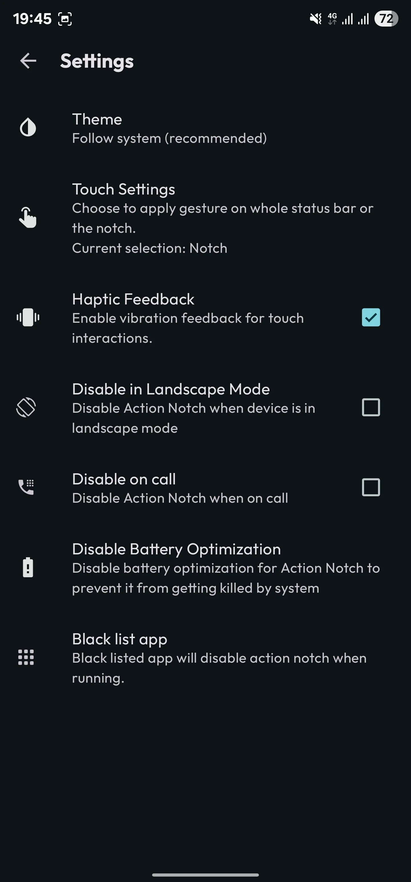 Tùy chọn Haptic Feedback đã kích hoạt trong cài đặt Action Notch