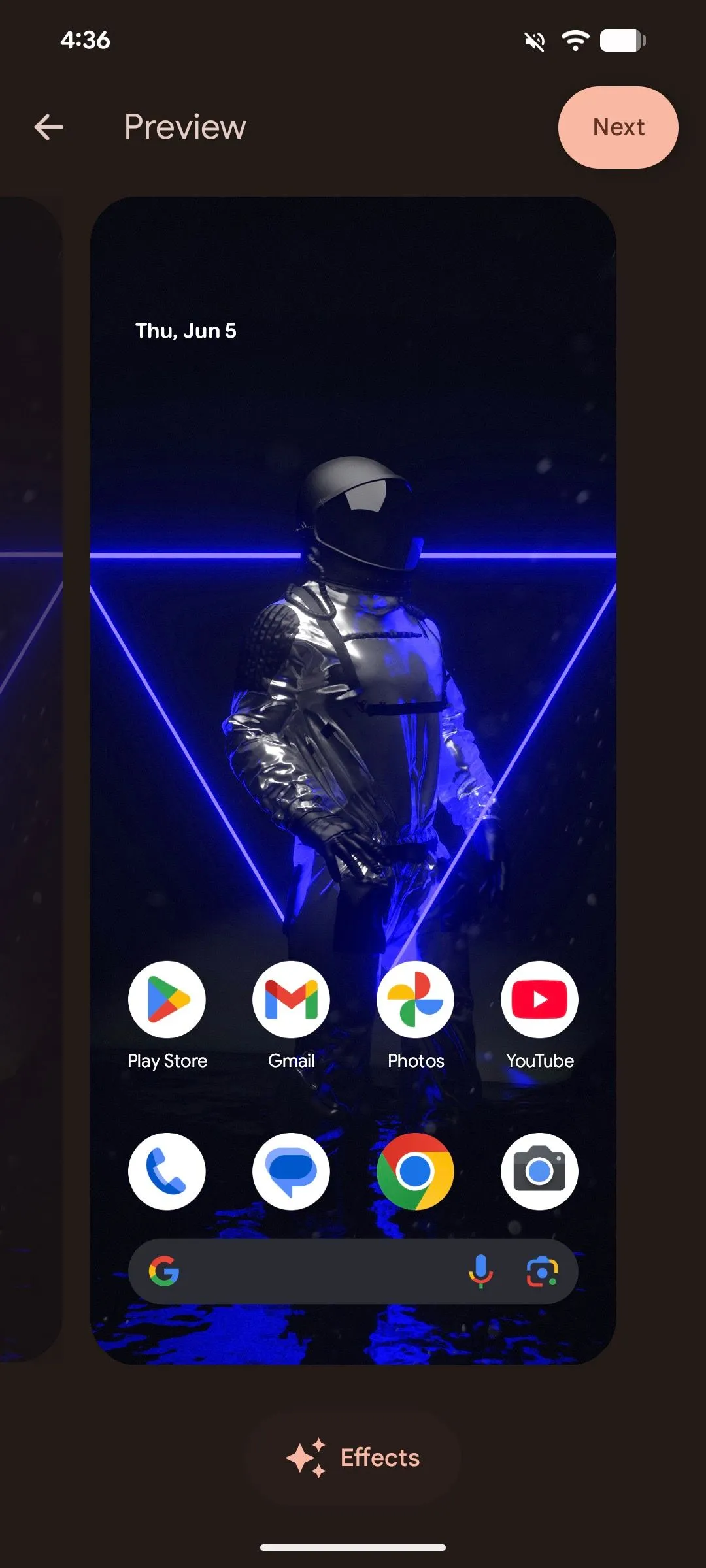 Tùy chọn 'Hiệu ứng' hiển thị ở cuối màn hình xem trước hình nền trên Android 16.