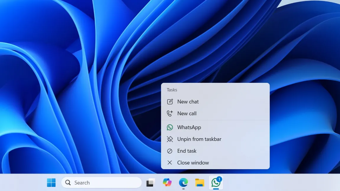 Tùy chọn "Kết thúc tác vụ" trên thanh Taskbar Windows 11 để tắt ứng dụng bị treo như WhatsApp