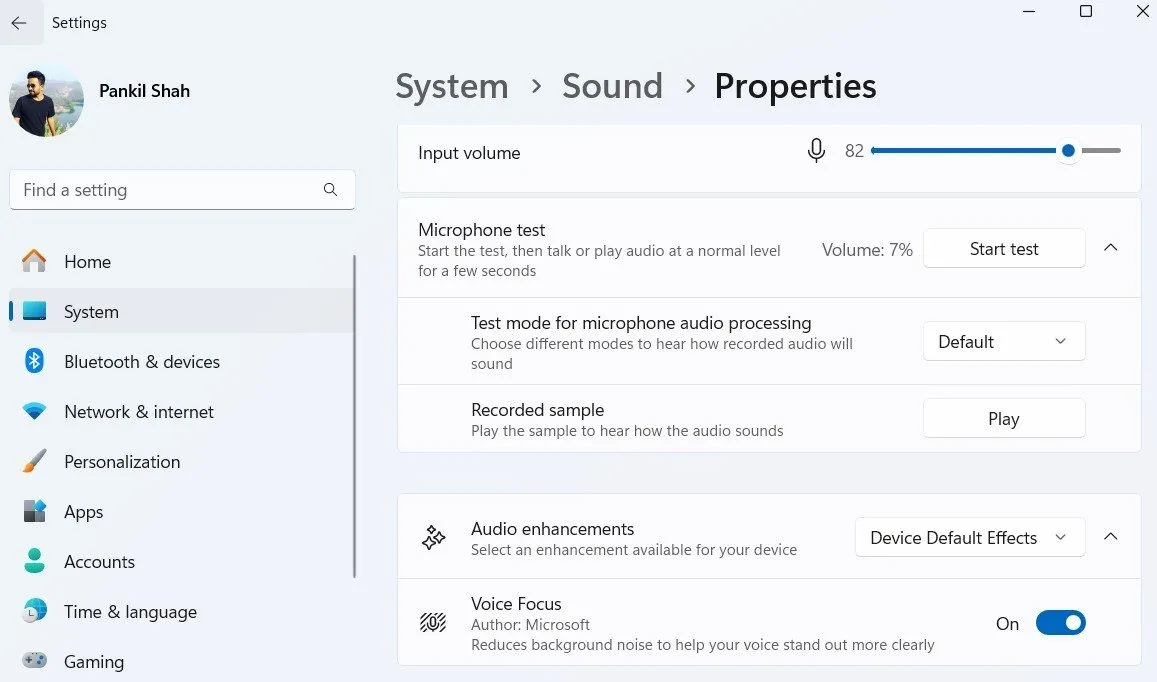 Tùy chọn kiểm tra microphone trong ứng dụng Cài đặt Âm thanh của Windows 11