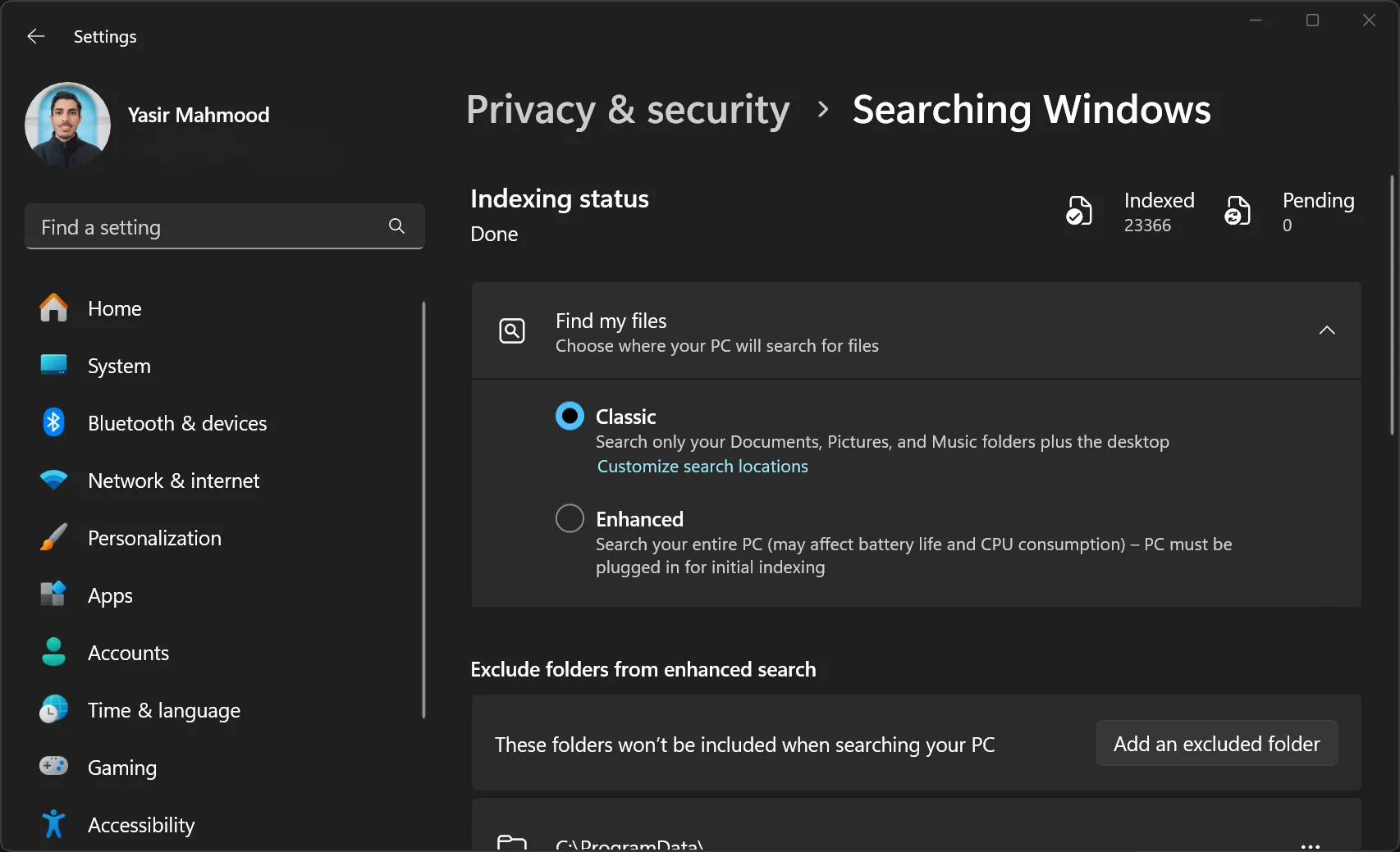 Tùy chọn lập chỉ mục tìm kiếm của Windows trong cài đặt hệ thống để tối ưu hiệu suất NVMe.
