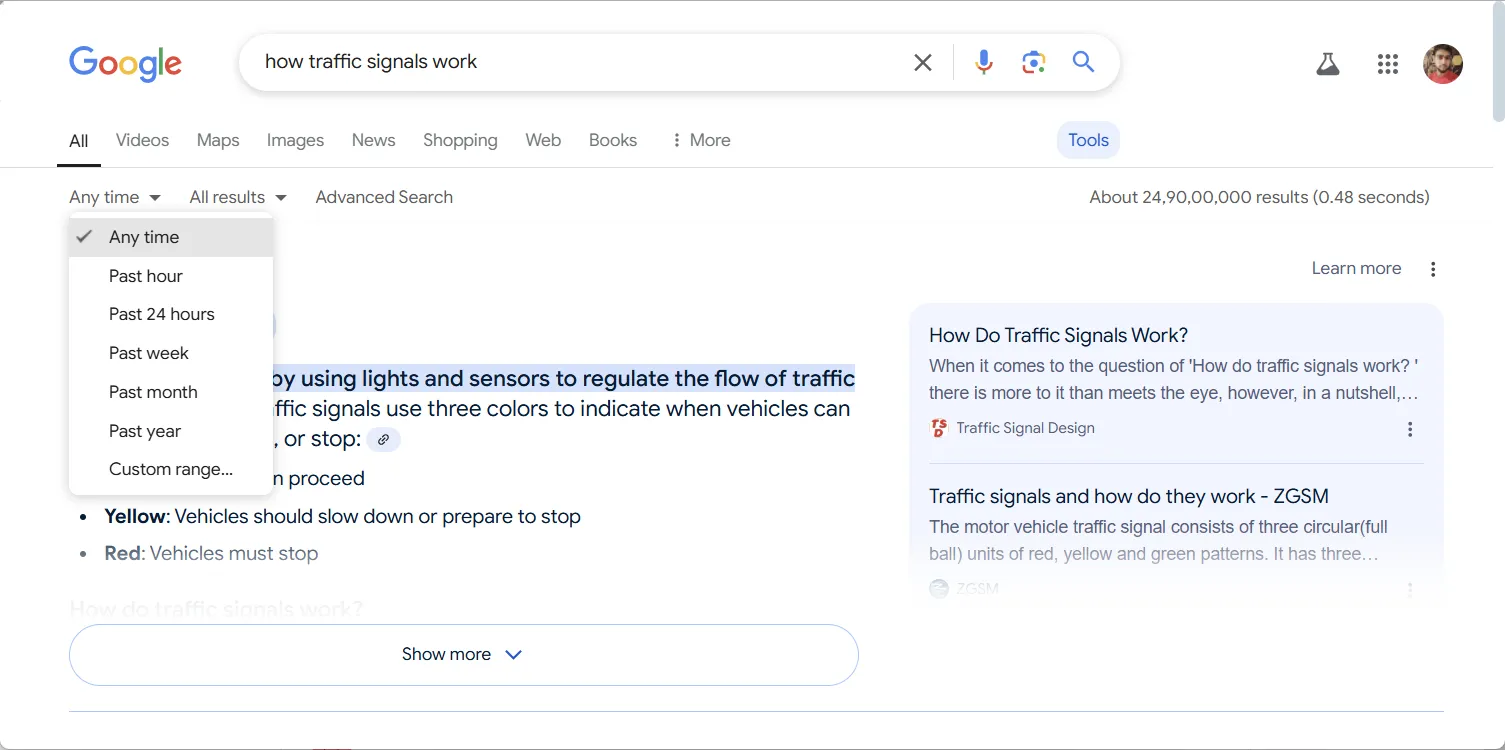 Tùy chọn lọc theo khoảng thời gian mặc định của Google Search.
