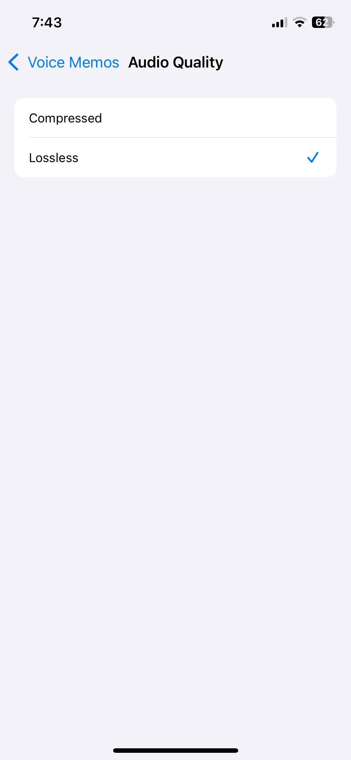 Tùy chọn Lossless được chọn trong cài đặt Chất lượng âm thanh của ứng dụng Ghi âm trên iPhone