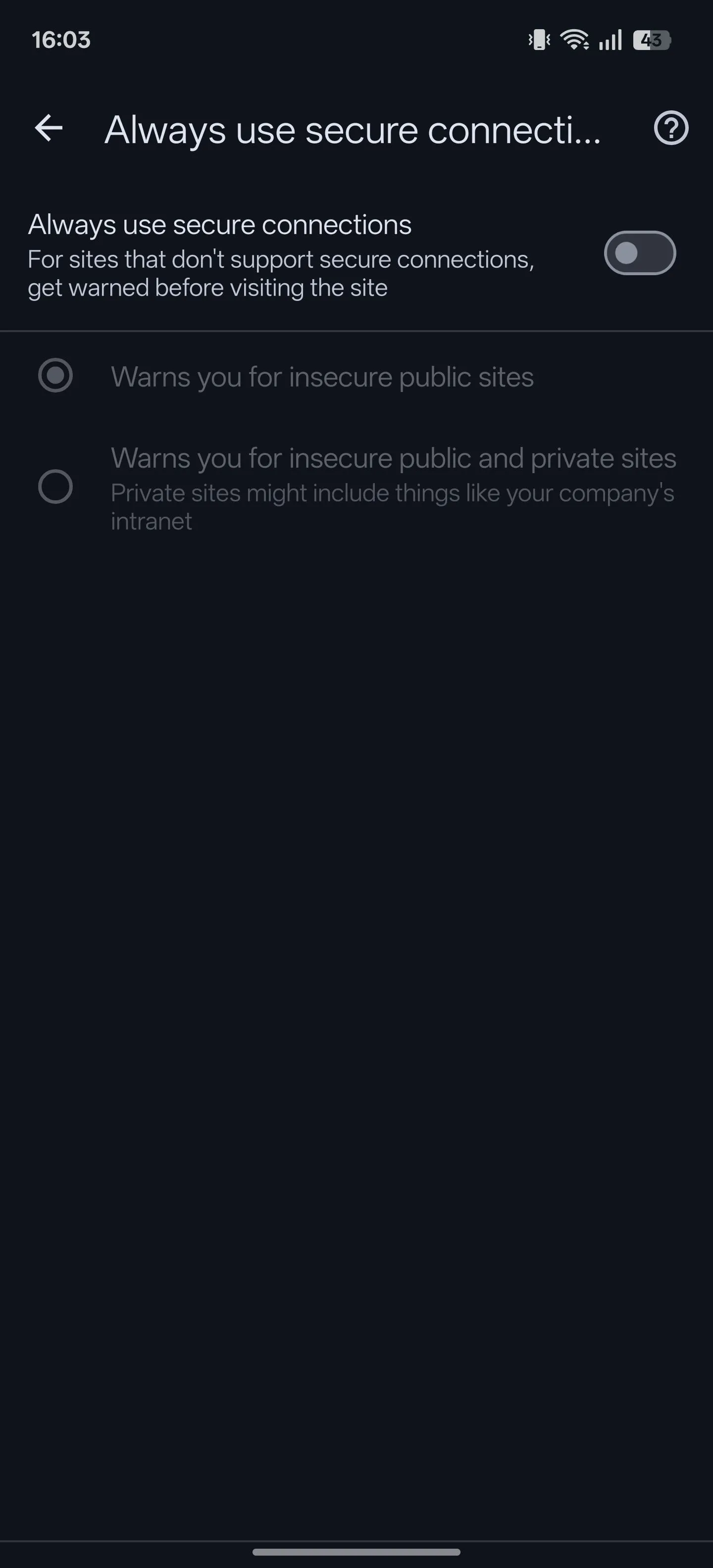 Tùy chọn 'Luôn sử dụng kết nối an toàn' được bật trong Cài đặt Chrome cho Android.