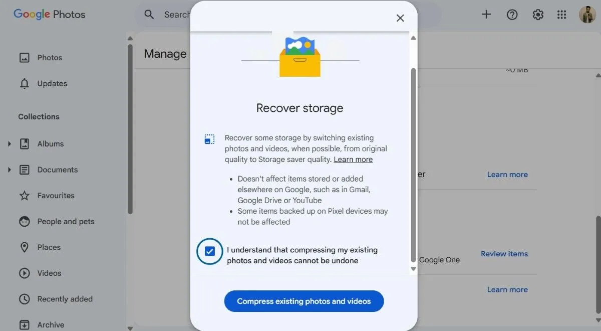 Tùy chọn nén ảnh và video hiện có trong phần Quản lý bộ nhớ của Google Photos