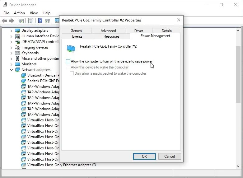 Tùy chọn Network Adapters trong Device Manager trên Windows 10, nơi người dùng có thể điều chỉnh cài đặt nguồn cho card Wi-Fi để tránh mất kết nối.