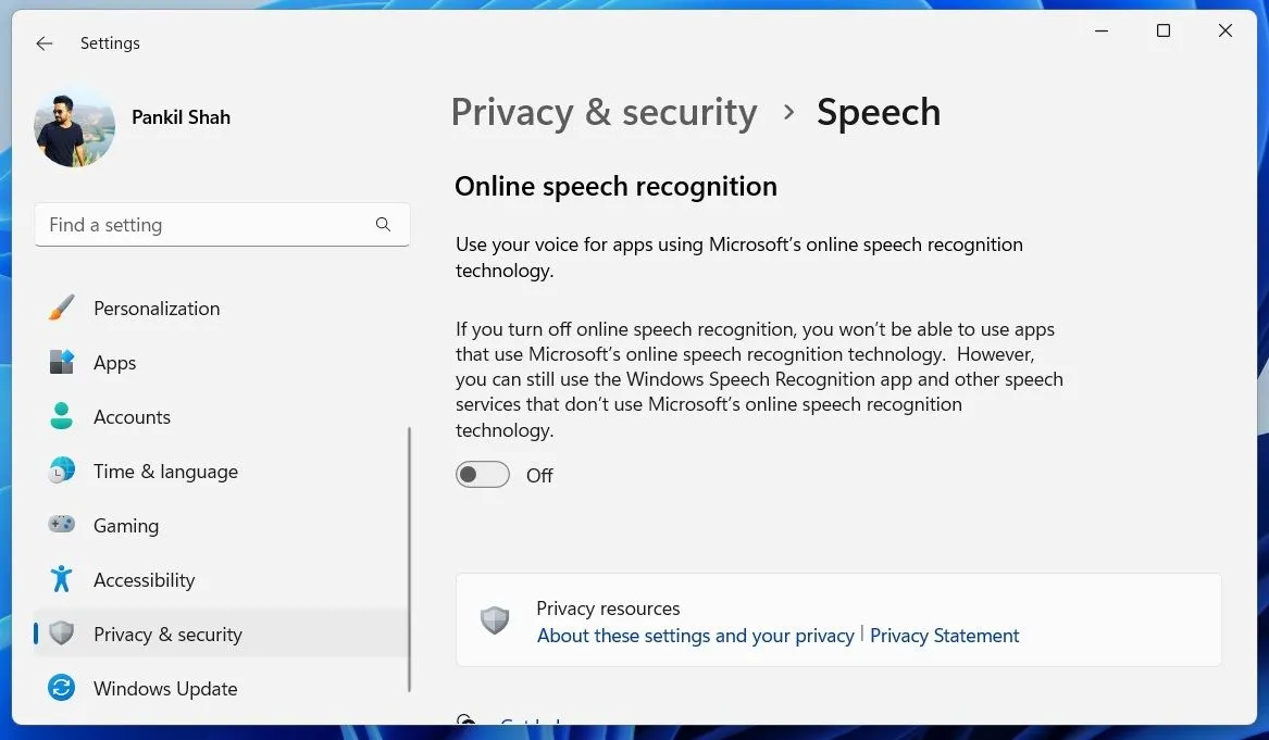 Tùy chọn nhận dạng giọng nói trực tuyến trong ứng dụng Cài đặt Windows 11
