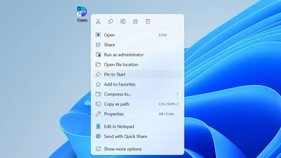 Tùy chọn "Pin to Start" trong menu ngữ cảnh của Windows