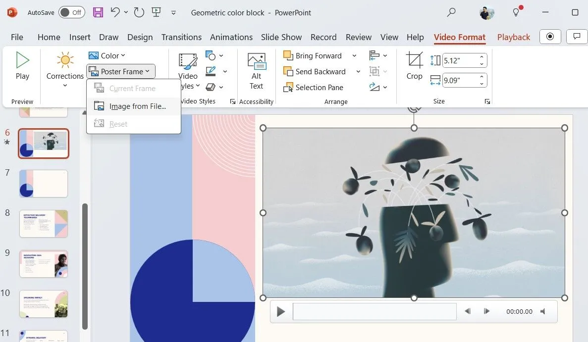 Tùy chọn Poster Frame trong tab Video Format của PowerPoint, cho phép người dùng thay đổi hình ảnh thu nhỏ đại diện cho video.