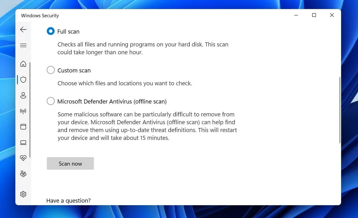 Tùy chọn Quét toàn bộ được chọn trong ứng dụng Bảo mật Windows.