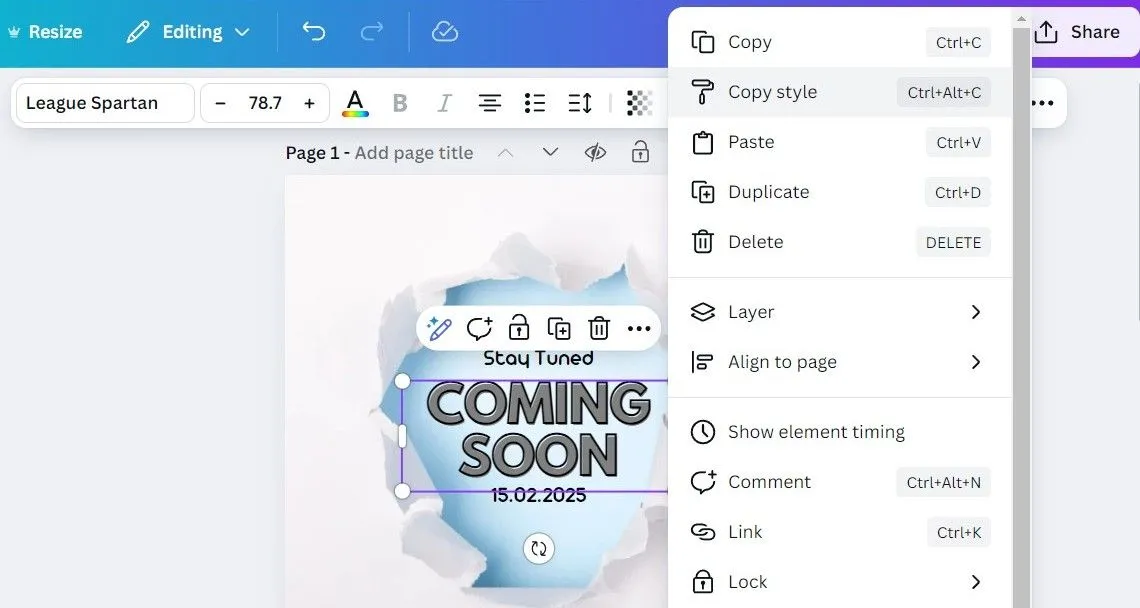 Tùy chọn &quot;Sao chép kiểu dáng&quot; trong menu ngữ cảnh của ứng dụng Canva trên máy tính, giúp áp dụng nhanh định dạng