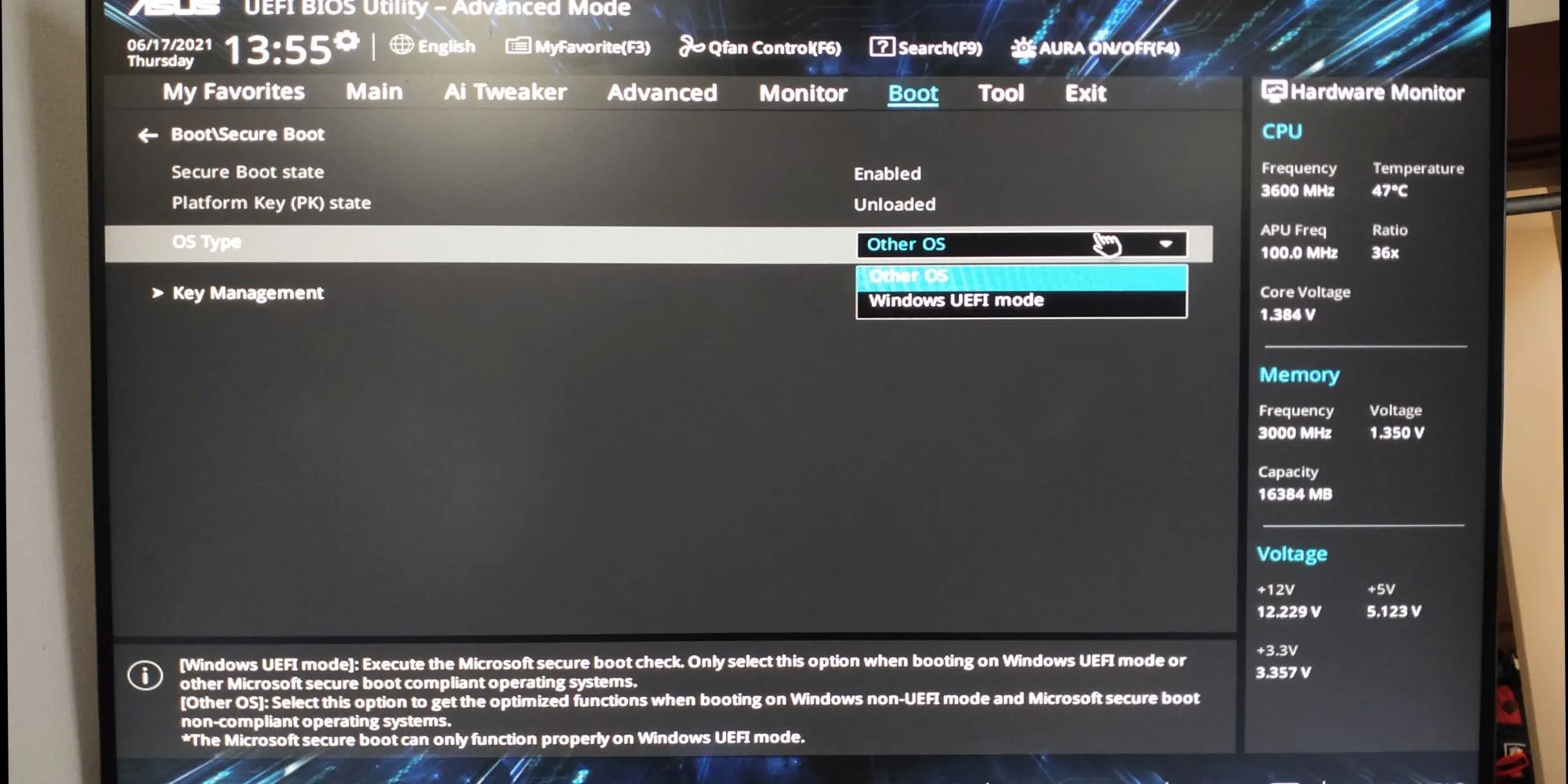 Tùy chọn Secure Boot trong BIOS/UEFI của Asus, có thể gây lỗi khi Windows 10 không khởi động được.