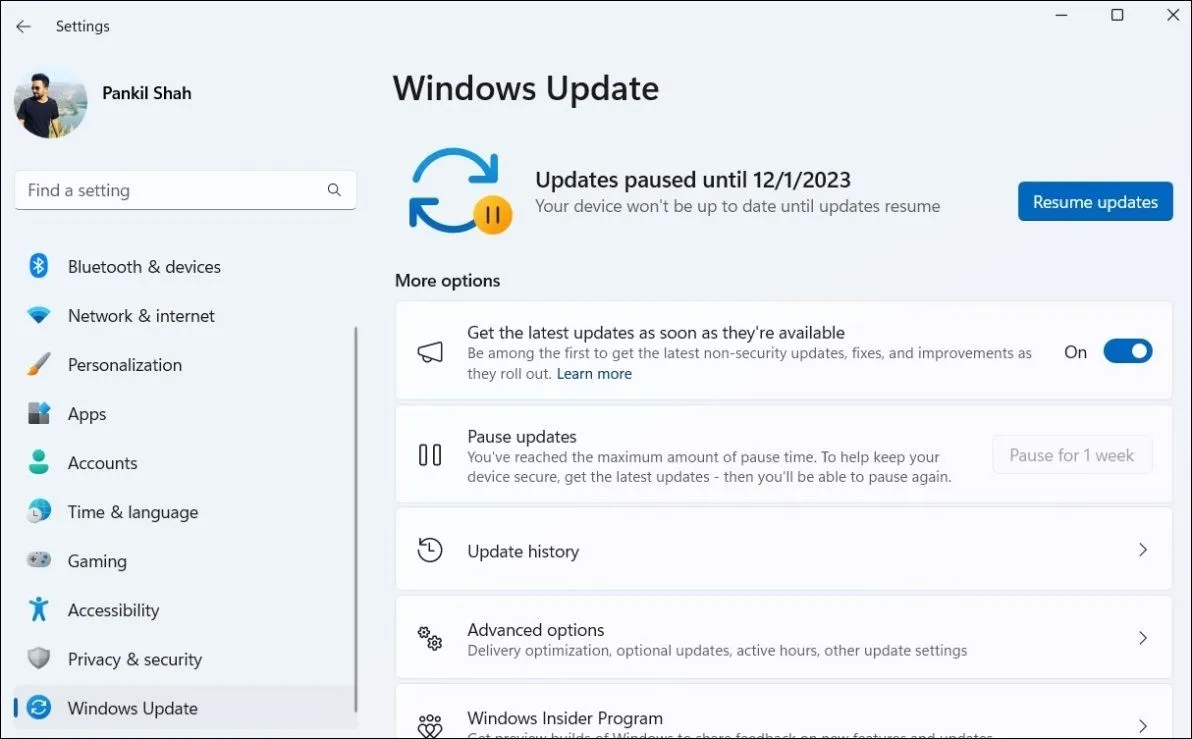 Tùy chọn tạm dừng hoặc tiếp tục cập nhật trong Windows Update